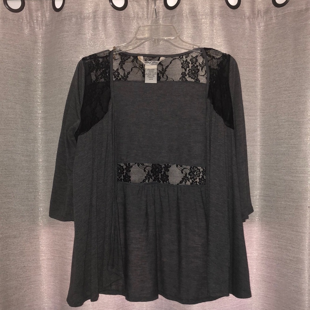 Gray Shrug with Black Lace Detail